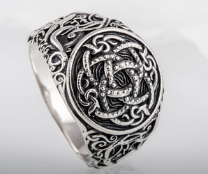 Jormungandr Symbol with Urnes Style Sterling Silver Norse Ring