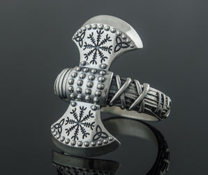 Axe Ring with Helm of Awe Symbol Sterling Silver Viking Jewelry