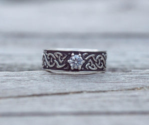 Beautiful Ornament Ring with White Cubic Zirconia Sterling Silver Viking Jewelry