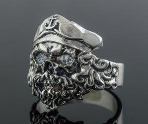 Pirate Skull with Anchor Symbol Sterling Silver Unique Ring Biker Jewelry