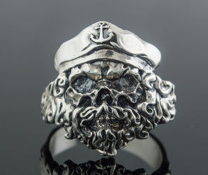 Pirate Skull with Anchor Symbol Sterling Silver Unique Ring Biker Jewelry