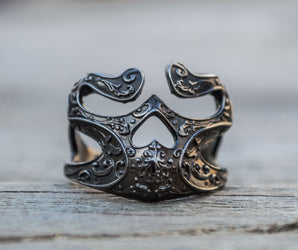 Skull Ring with Ornament Sterling Silver Ruthenium Plated Unique Biker Jewelry