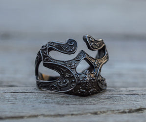 Skull Ring with Ornament Sterling Silver Ruthenium Plated Unique Biker Jewelry