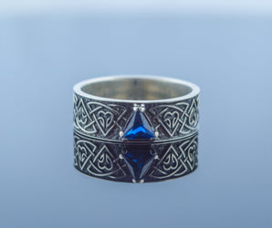 Ring with Norse Ornament and Cubic Zirconia Sterling Silver Viking Jewelry