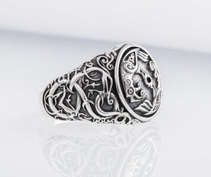 Odin Raven Symbol Ring with Urnes Style Sterling Silver Viking Jewelry