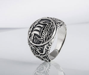 Drakkar Symbol Ring with Urnes Style Sterling Silver Viking Jewelry