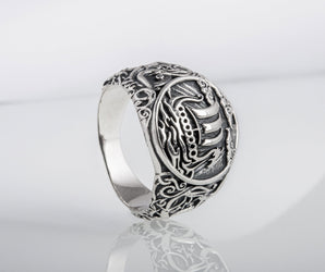 Drakkar Symbol Ring with Urnes Style Sterling Silver Viking Jewelry
