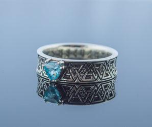 Valknut Symbol Ring with Blue Cubic Zirconia Sterling Silver Handmade Jewelry