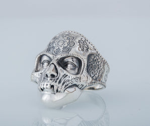 Skull Mask Ring with Ornament Sterling Silver Unique Norse Jewelry