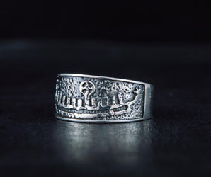 Ring with Drakkar Symbol Sterling Silver Handcrafted Norse Jewelry