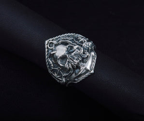 Skull Ring with Anchor Sterling Silver Unique Norse Jewelry