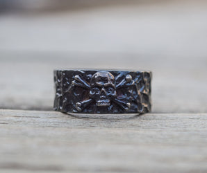 Ring with Jolly Roger Symbol Sterling Silver Ruthenium Plated Unique Jewelry