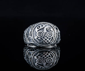 Sleipnir Symbol Ring with Urnes Style Sterling Silver Viking Jewelry