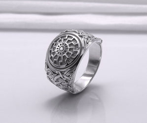950 Platinum Ring with Black Sun Symbol and Mammen Ornament, Handmade Norse Jewelry