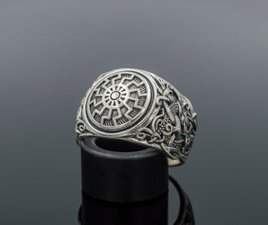 Ring with Black Sun Symbol and Mammen Ornament Sterling Silver Norse Jewelry