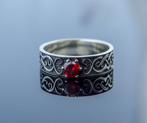 Ring with Norse Ornament and Red Cubic Zirconia Sterling Silver Handmade Jewelry