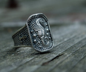Ring with Seahorse Symbol and Anchor Sterling Silver Jewelry