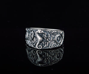 Seahorse Ring with Ship Steering Wheel Sterling Silver Jewelry