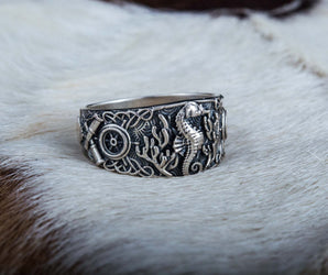 Seahorse Ring with Ship Steering Wheel Sterling Silver Jewelry