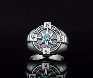 Compass Symbol Ring with Blue Cubic Zirconia Sterling Silver Unique Jewelry