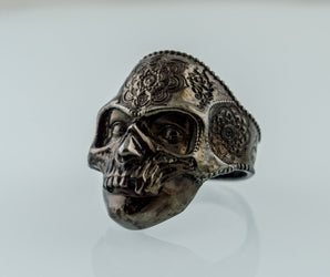 Mask Ring with Flower Ornament Ruthenium Plated Sterling Silver Unique Black Limited Edition Jewelry