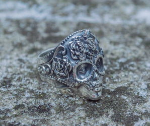 Mask Ring with Flower Ornament Sterling Silver Unique Handmade Jewelry