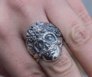 Mask Ring with Flower Ornament Sterling Silver Unique Handmade Jewelry