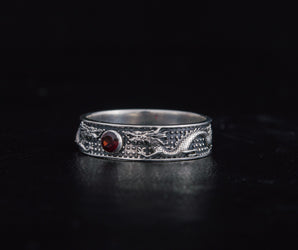 Ring with Dragon and Red Cubic Zirconia Sterling Silver Jewelry