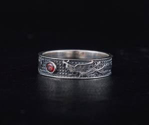 Ring with Firebird and Red Cubic Zirconia Sterling Silver Jewelry