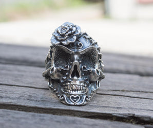 Skull with Flower Ring Sterling Silver Handmade Unique Jewelry