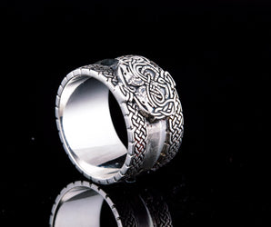 Norse Ornament Ring with Wolves 925 Silver Viking Jewelry