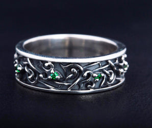 Ornament Ring with Green Cubic Zirconia Sterling Silver Jewelry
