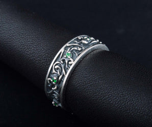 Ornament Ring with Green Cubic Zirconia Sterling Silver Jewelry