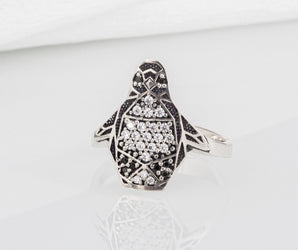 Handcrafted 925 silver Pinguin ring with clear gems, unique animal fashion jewelry
