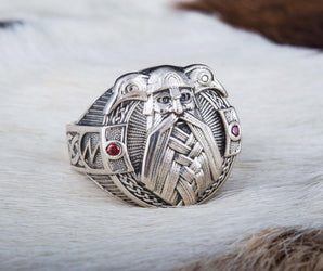 Ring with Odin and Raven Sterling Silver Handcrafted Jewelry