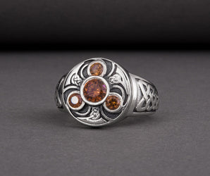 Unique Ancient Norse ring With triquetra and gems, handcrafted jewelry with Celtic ornament