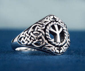 Viking Ornament Ring with Algiz Rune Sterling Silver Jewelry