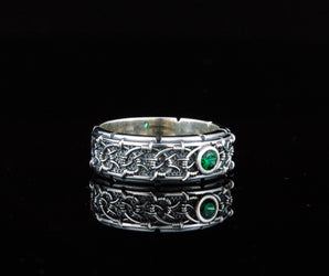 Barbed Wire Ring with Green Cubic Zirconia Sterling Silver Jewelry