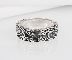 Sterling silver Viking ring with Ravens and unique ornament, handcrafted ancient style jewelry
