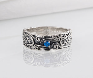 Handcrafted 925 silver Viking ring with Ravens and unique ornament, ancient norse jewelry