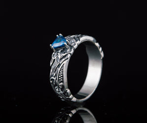 Ornament Ring with Blue Gem Sterling Silver Jewelry