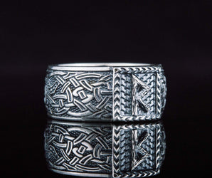 Viking Ring with Raido Rune and Norse Ornament Sterling Silver Jewelry