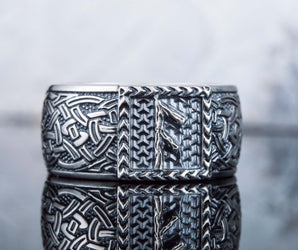 Viking Ring with Ansuz Rune and Norse Ornament Sterling Silver Jewelry