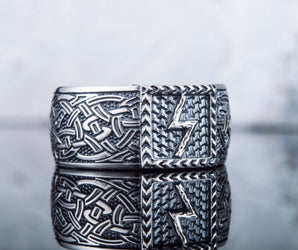 Viking Ring with Sowulo Rune and Norse Ornament Sterling Silver Jewelry