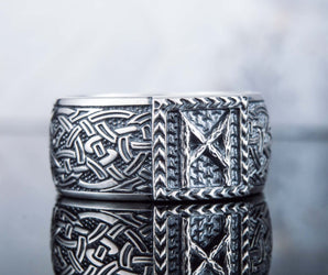Viking Ring with Mannaz Rune and Norse Ornament Sterling Silver Jewelry