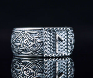 Viking Ring with Laguz Rune and Norse Ornament Sterling Silver Jewelry