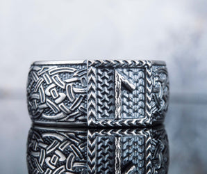 Viking Ring with Laguz Rune and Norse Ornament Sterling Silver Jewelry