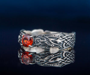 Viking Ring with CZ and Norse Ornament Sterling Silver Viking Jewelry