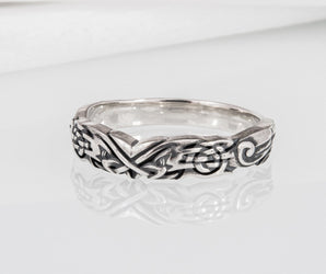 Handmade 925 silver Viking ring with ravens and brutal ancient ornament, unique jewelry