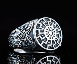 Black Sun Symbol Ring with Viking Style Ornament Sterling Silver Jewelry